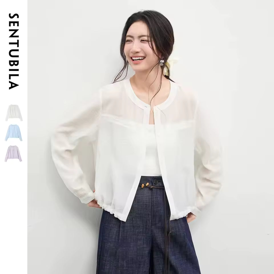 SENTUBILA Women's Oversized Lyocell Shirt 2026 Spring Summer Round Neck Long Sleeve Drawstring Sheer Casual Top 161WB5014 - AliExpress 200000345