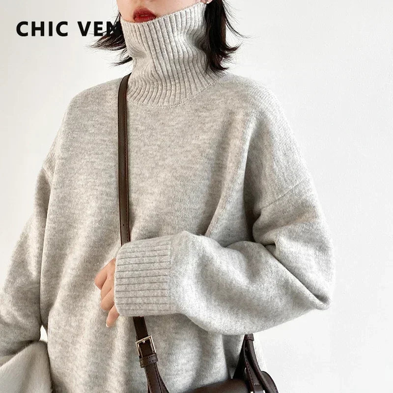 CHIC VEN Korean Women's Sweater Loose Turtleneck Sweaters Warm Solid Pullover Knitwear Basic Female Tops Autumn Winter 2022 - AliExpress 200000345