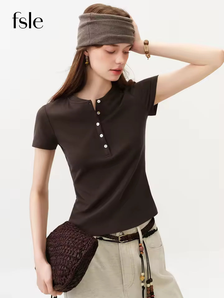 FSLE New Summer Women's Fitted Short Sleeve White T-Shirt with Buttons Soft Cotton Lyocell Office Commute Daily Versatile Top - AliExpress 200000345